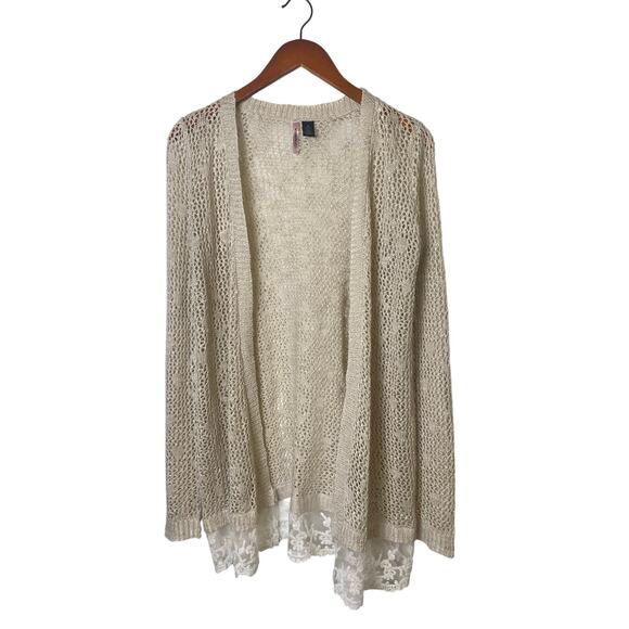 Love by Design Women's Oatmeal Open Weave Cardigan Lace Hem Size Medium - Picture 1 of 6